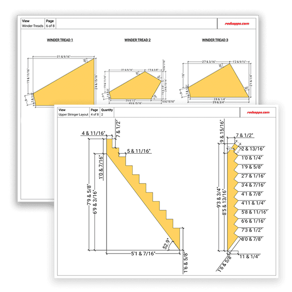 Basement stair stringer blueprint with dimensioned cut layout