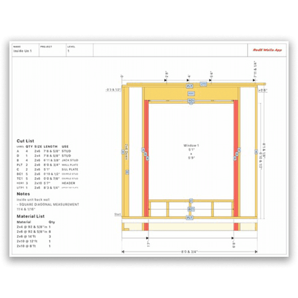 Instant wall blueprint showing stud layout, headers, and cut list
