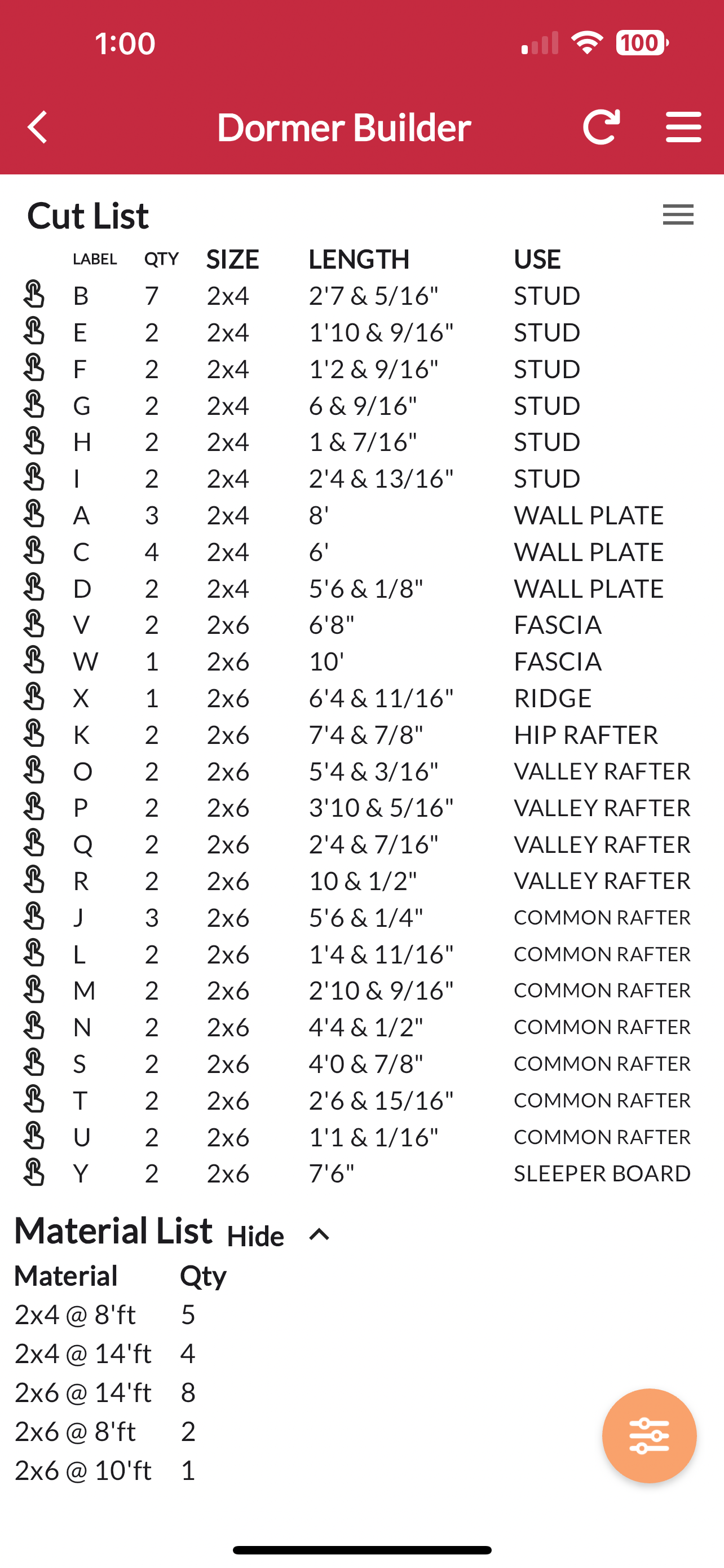 Dormer framing cut list for roof and walls