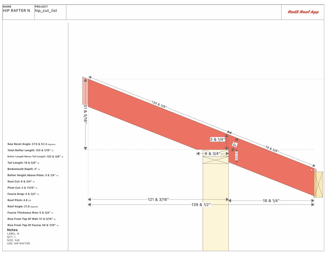 irregular Hip rafter blueprint redx roof app