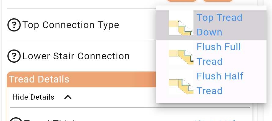 stair top connection type top tread down, glush half tread, flush full tread