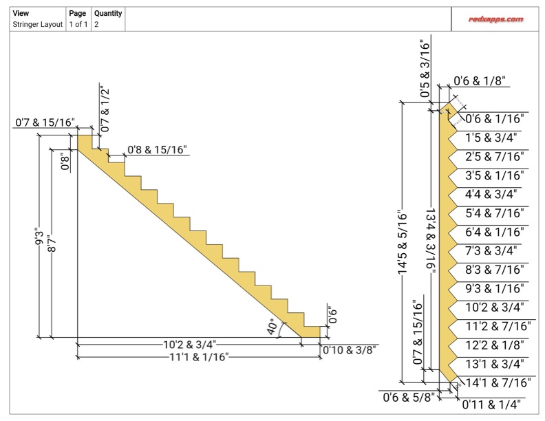 straight stair blueprint showing a verticla stringer and a regular stringer blueprint