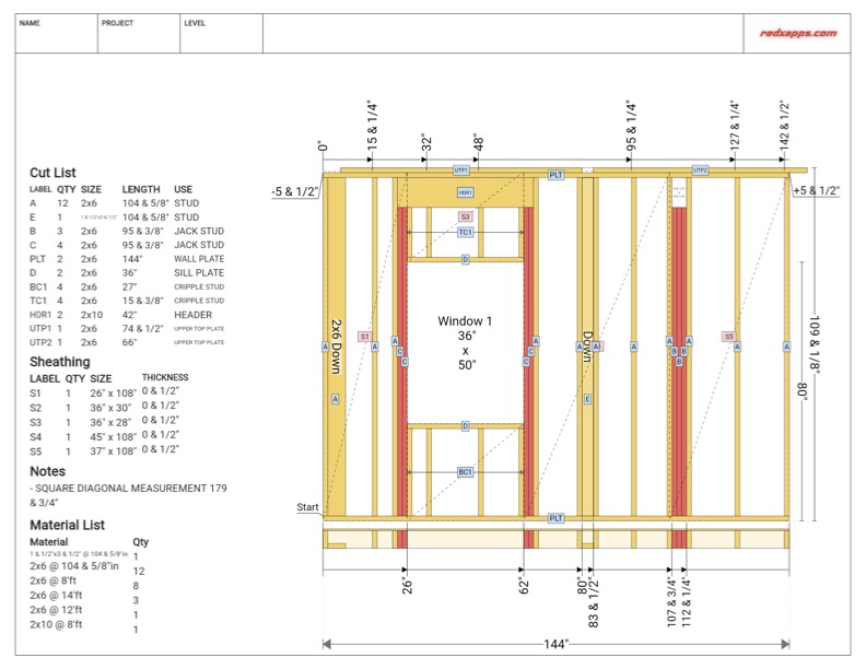 final wall blueprint redx walls with sheathing window opeining 