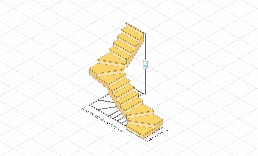 Z-Shaped Winder Stair built in the RedX 3D stair builder, with rise and run dimensions